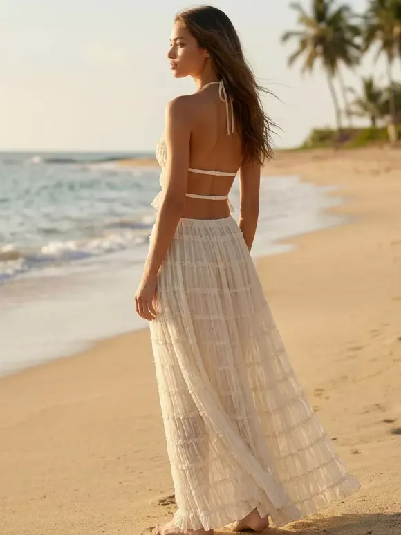 Textured Halter Neck Crop Top And Long Skirt 2 Piece Co-ord Set For Beach 2026