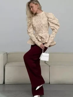 Textured Jacquard Puff Sleeve Blouse High Neck Peplum Waist Flared Hem Tops