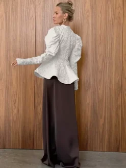 Textured Jacquard Puff Sleeve Blouse High Neck Peplum Waist Flared Hem Tops