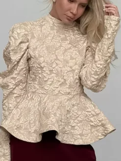Textured Jacquard Puff Sleeve Blouse High Neck Peplum Waist Flared Hem Tops