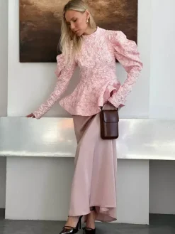Textured Jacquard Puff Sleeve Blouse High Neck Peplum Waist Flared Hem Tops