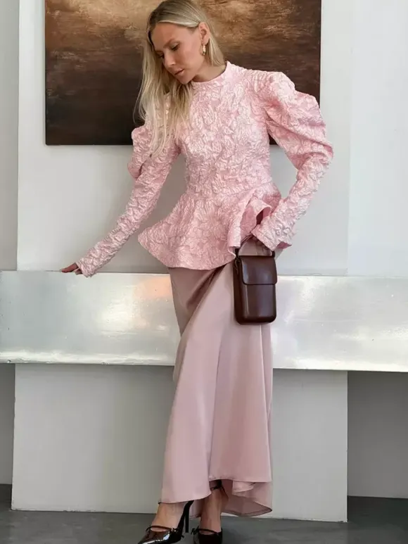 Textured Jacquard Puff Sleeve Blouse High Neck Peplum Waist Flared Hem Tops