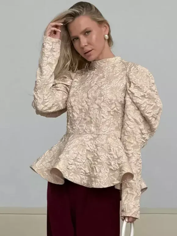 Textured Jacquard Puff Sleeve Blouse High Neck Peplum Waist Flared Hem Tops
