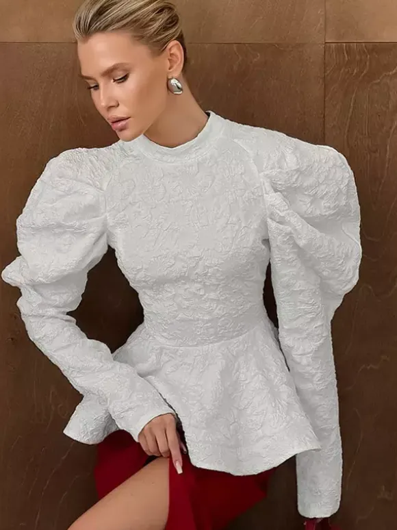 Textured Jacquard Puff Sleeve Blouse High Neck Peplum Waist Flared Hem Tops