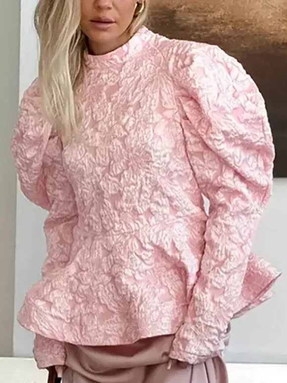 Textured Jacquard Puff Sleeve Blouse High Neck Peplum Waist Flared Hem Tops