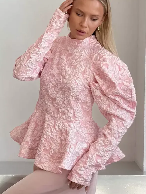 Textured Jacquard Puff Sleeve Blouse High Neck Peplum Waist Flared Hem Tops