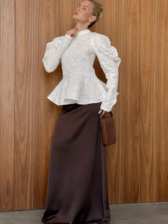 Textured Jacquard Puff Sleeve Blouse High Neck Peplum Waist Flared Hem Tops