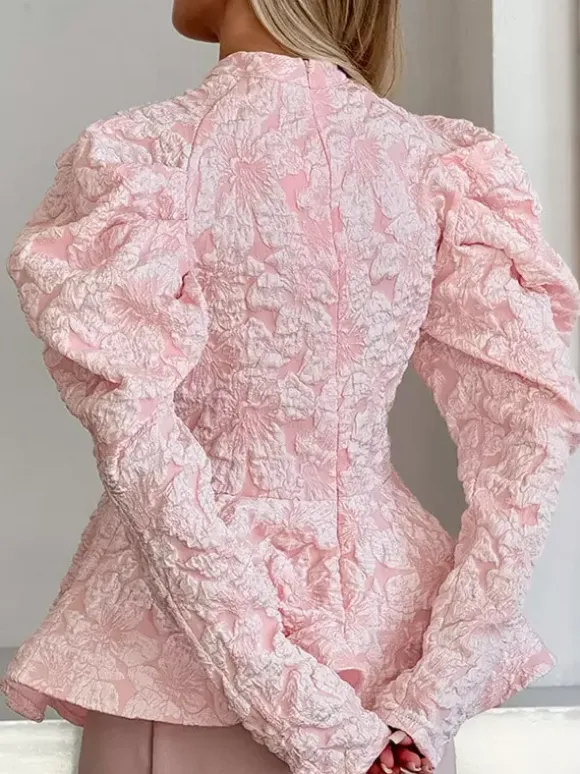 Textured Jacquard Puff Sleeve Blouse High Neck Peplum Waist Flared Hem Tops