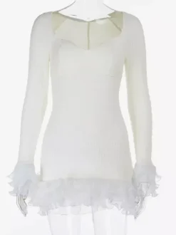 Textured Mini Dress For Women - Cream White Coquette Aesthetic Ruffle Cuff Bodycon- Summer Beach Date Night 2026