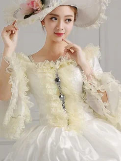 18th Century Retro Tudor Dress Costumes White Embroidered Marie Antoinette Polyester Headwear Dress Costume Set