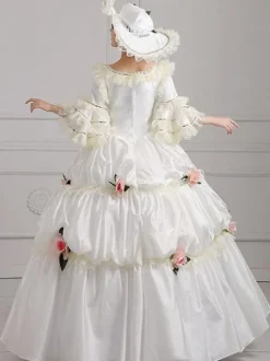 18th Century Retro Tudor Dress Costumes White Embroidered Marie Antoinette Polyester Headwear Dress Costume Set