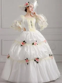 18th Century Retro Tudor Dress Costumes White Embroidered Marie Antoinette Polyester Headwear Dress Costume Set