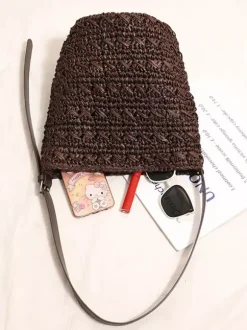 Thick Weave Raffia Bucket Crossbody Bag Adjustable Faux Leather Strap Woven Shoulder Purse
