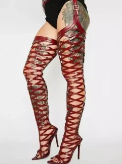 Thigh High Boots Sexy Open Toe Cut Out Over The Knee Pants Boots