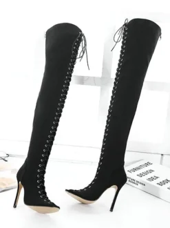 Thigh High Boots Womens Nubuck Lace Up Peep Toe Stiletto Heel Over The Knee Boots