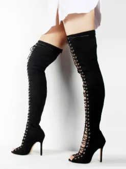 Thigh High Boots Womens Nubuck Lace Up Peep Toe Stiletto Heel Over The Knee Boots