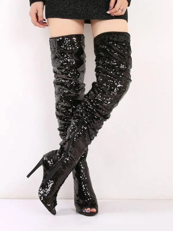 Thigh High Boots Sequined Over Knee Boots Peep Toe High Heel Sexy Boots