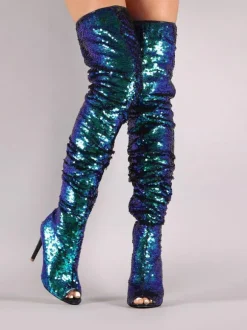 Thigh High Boots Sequined Over Knee Boots Peep Toe High Heel Sexy Boots