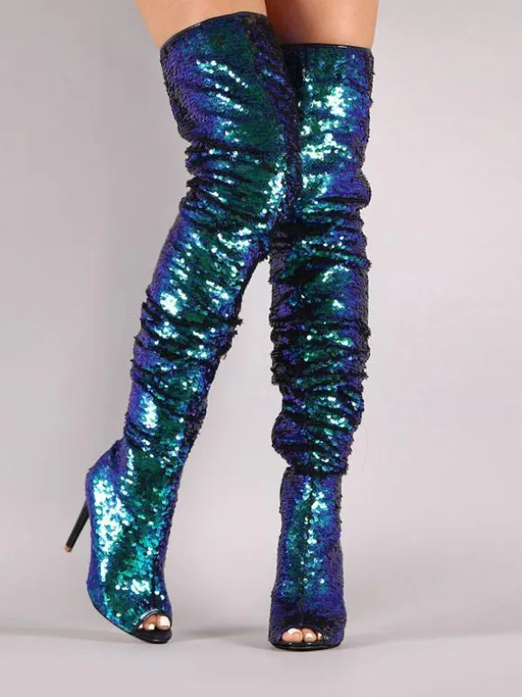 Thigh High Boots Sequined Over Knee Boots Peep Toe High Heel Sexy Boots