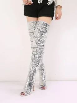 Thigh High Boots Sequined Over Knee Boots Peep Toe High Heel Sexy Boots