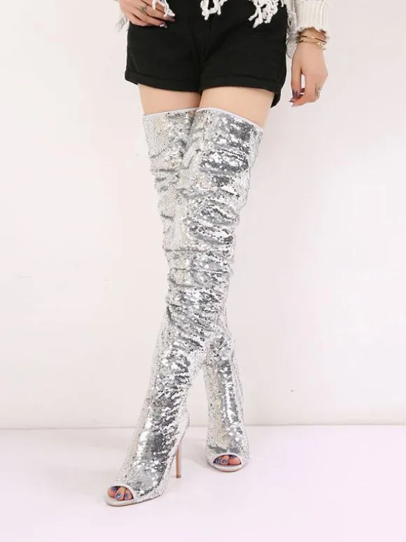Thigh High Boots Sequined Over Knee Boots Peep Toe High Heel Sexy Boots
