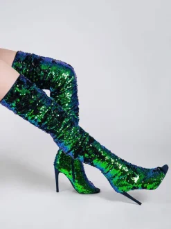 Thigh High Boots Sequined Over Knee Boots Peep Toe High Heel Sexy Boots