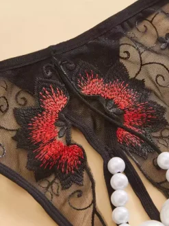 Thong Lace Party Pearls Black Sheer Mesh Woman's Lingerie Panties