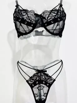 Thong Lingerie 2-Piece Lace Black Adult's Bra Panty Sets