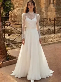 Three-piece Wedding Dress Lace Chiffon Jewel Neck A-Line With Train Zipper Long Sleeves