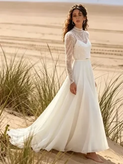 Three-piece Wedding Dress Lace Chiffon Jewel Neck A-Line With Train Zipper Long Sleeves