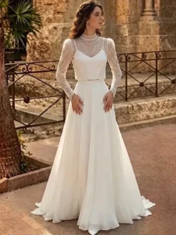 Three-piece Wedding Dress Lace Chiffon Jewel Neck A-Line With Train Zipper Long Sleeves