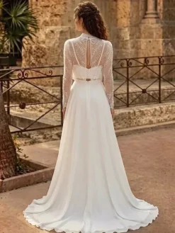 Three-piece Wedding Dress Lace Chiffon Jewel Neck A-Line With Train Zipper Long Sleeves