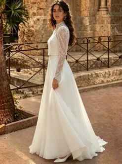 Three-piece Wedding Dress Lace Chiffon Jewel Neck A-Line With Train Zipper Long Sleeves