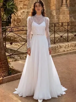 Three-piece Wedding Dress Lace Chiffon Jewel Neck A-Line With Train Zipper Long Sleeves