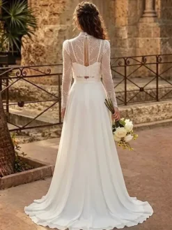 Three-piece Wedding Dress Lace Chiffon Jewel Neck A-Line With Train Zipper Long Sleeves