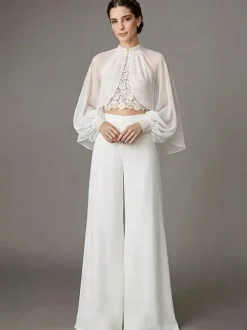 Three-piece Wedding Dress Lace Jewel Neck Floor-Length Wedding Dress Functional Buttons Long Sleeves Floor Length