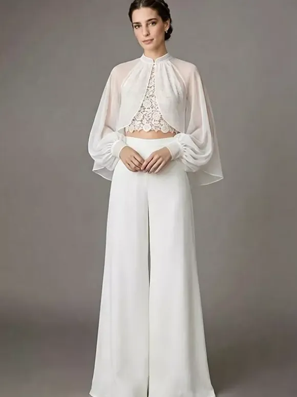 Three-piece Wedding Dress Lace Jewel Neck Floor-Length Wedding Dress Functional Buttons Long Sleeves Floor Length