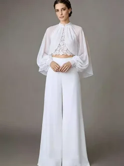 Three-piece Wedding Dress Lace Jewel Neck Floor-Length Wedding Dress Functional Buttons Long Sleeves Floor Length