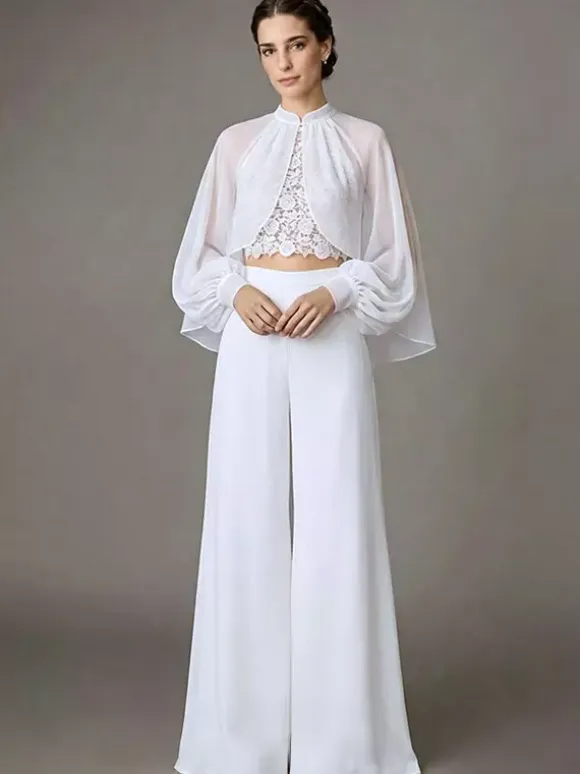 Three-piece Wedding Dress Lace Jewel Neck Floor-Length Wedding Dress Functional Buttons Long Sleeves Floor Length