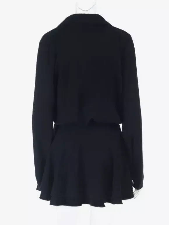 Tie Front Cutout Shirt Dress For Women - Black Long Sleeve Ruffle Hem Mini Dress - Spring Streetwear 2026