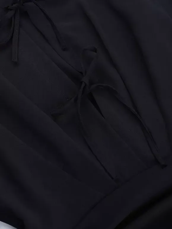 Tie Front Cutout Shirt Dress For Women - Black Long Sleeve Ruffle Hem Mini Dress - Spring Streetwear 2026