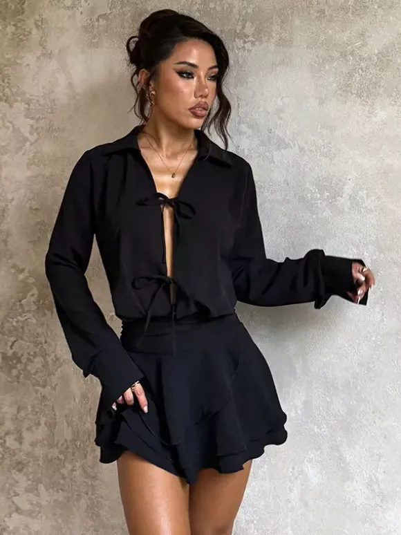 Tie Front Cutout Shirt Dress For Women - Black Long Sleeve Ruffle Hem Mini Dress - Spring Streetwear 2026
