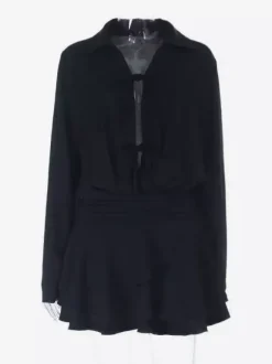 Tie Front Cutout Shirt Dress For Women - Black Long Sleeve Ruffle Hem Mini Dress - Spring Streetwear 2026