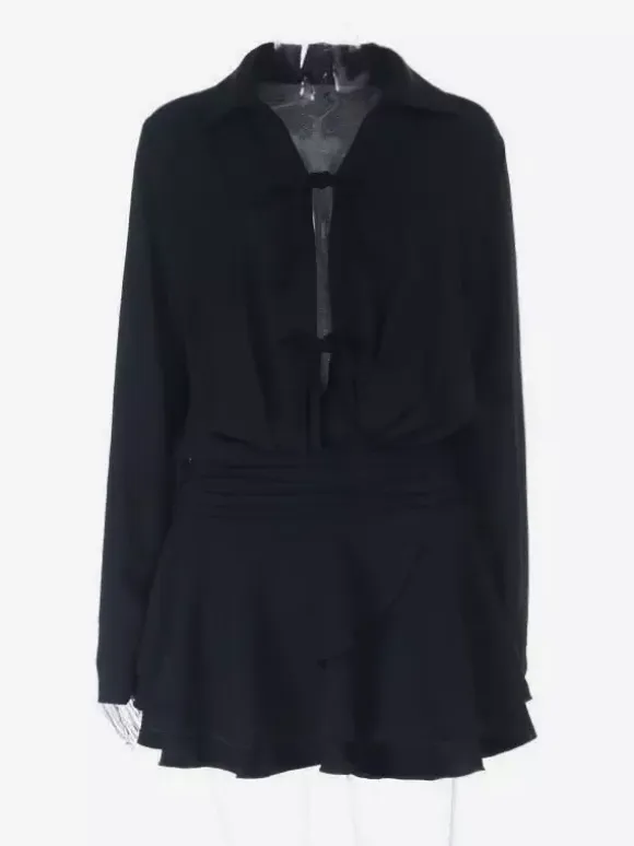 Tie Front Cutout Shirt Dress For Women - Black Long Sleeve Ruffle Hem Mini Dress - Spring Streetwear 2026