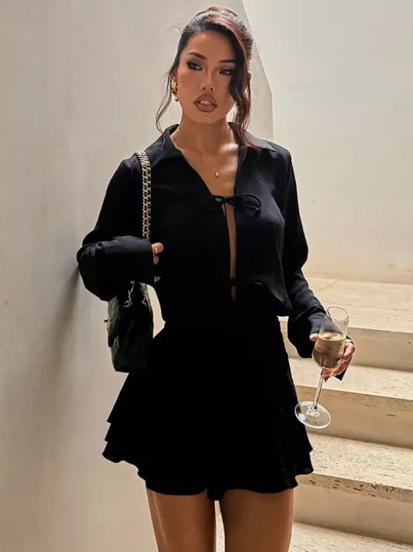 Tie Front Cutout Shirt Dress For Women - Black Long Sleeve Ruffle Hem Mini Dress - Spring Streetwear 2026