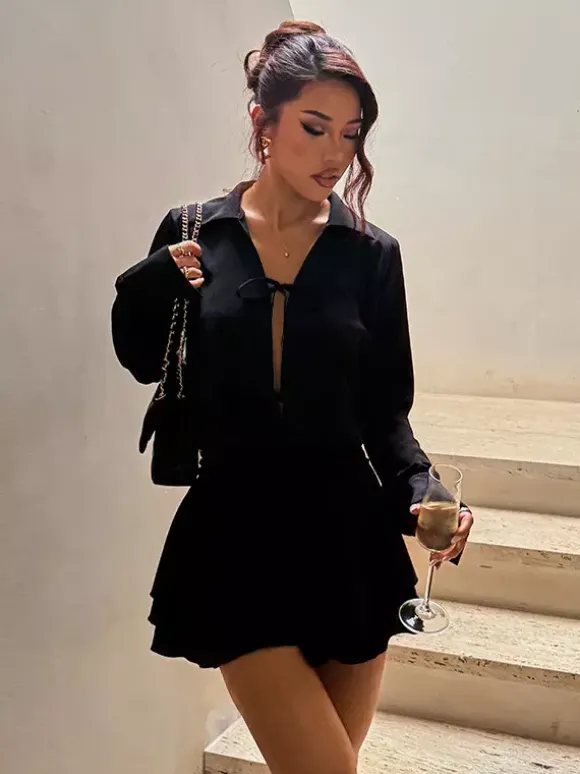 Tie Front Cutout Shirt Dress For Women - Black Long Sleeve Ruffle Hem Mini Dress - Spring Streetwear 2026