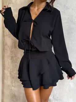 Tie Front Cutout Shirt Dress For Women - Black Long Sleeve Ruffle Hem Mini Dress - Spring Streetwear 2026