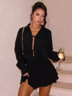 Tie Front Cutout Shirt Dress For Women - Black Long Sleeve Ruffle Hem Mini Dress - Spring Streetwear 2026