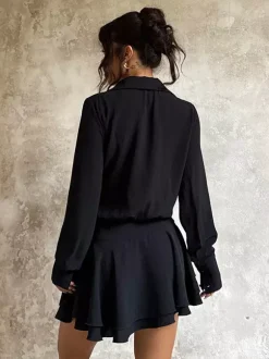 Tie Front Cutout Shirt Dress For Women - Black Long Sleeve Ruffle Hem Mini Dress - Spring Streetwear 2026