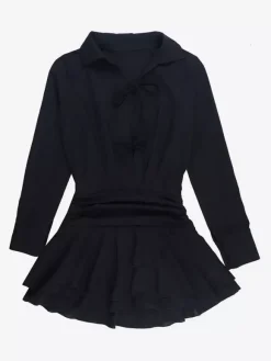 Tie Front Cutout Shirt Dress For Women - Black Long Sleeve Ruffle Hem Mini Dress - Spring Streetwear 2026